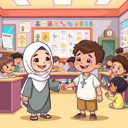 A heartwarming cartoon illustrating young Islamic and Christian children showing tolerance and friendship in an elementary school setting