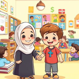 A heartwarming cartoon illustrating young Islamic and Christian children showing tolerance and friendship in an elementary school setting