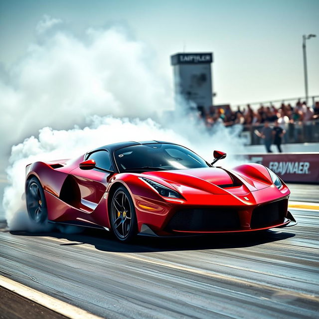 A LaFerrari drag car captured at a drag strip, performing an impressive burnout