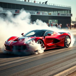 A LaFerrari drag car captured at a drag strip, performing an impressive burnout