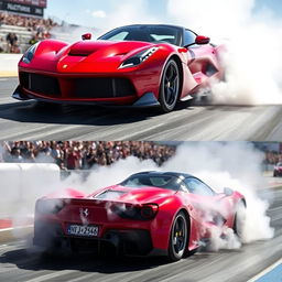 A LaFerrari drag car captured at a drag strip, performing an impressive burnout