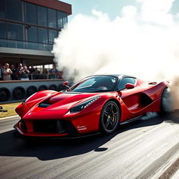 A LaFerrari drag car captured at a drag strip, performing an impressive burnout