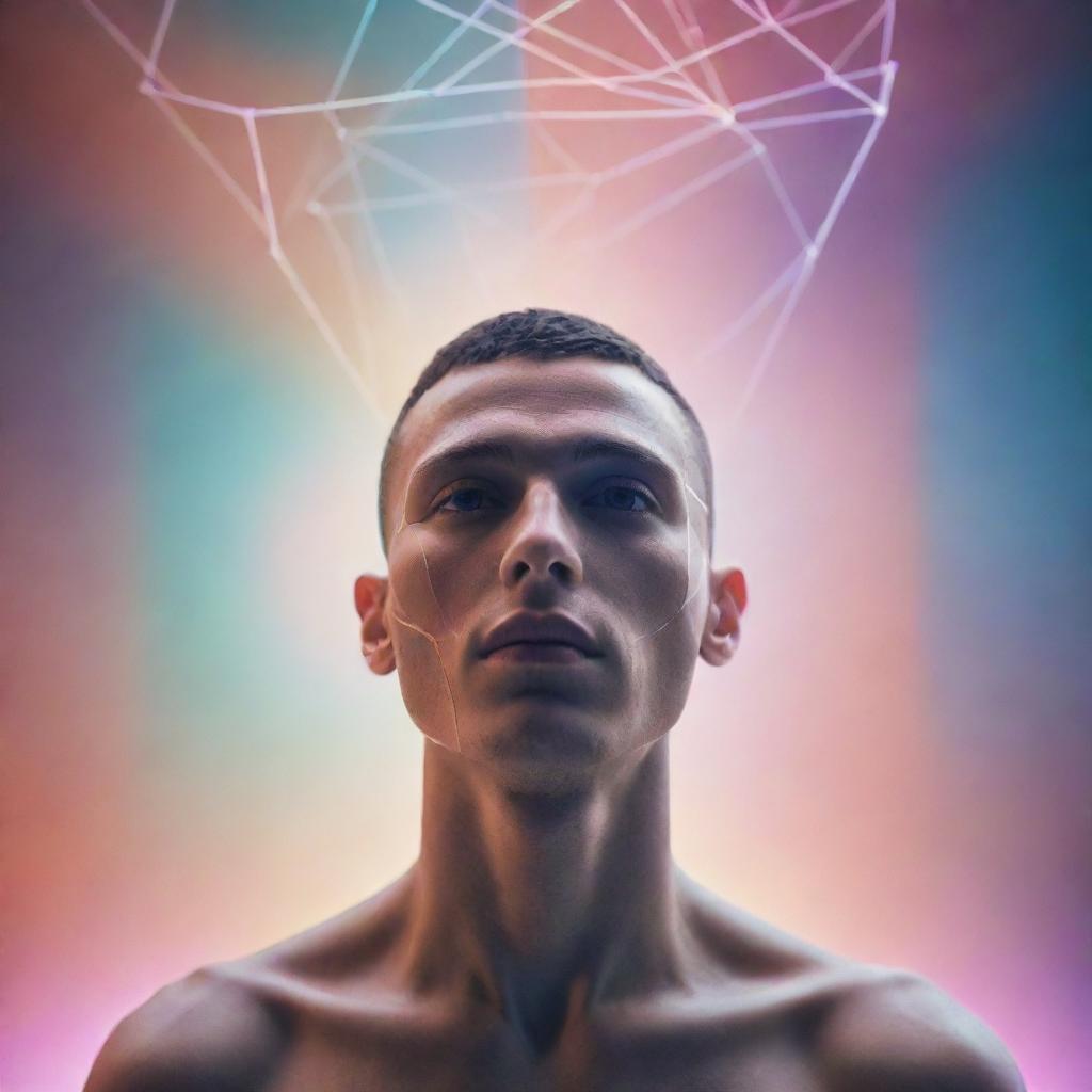 A human being as perceived in the 4th dimension, overlaid with a complex array of geometric shapes, suspended in an abstract environment filled with soft lights and surreal colors.