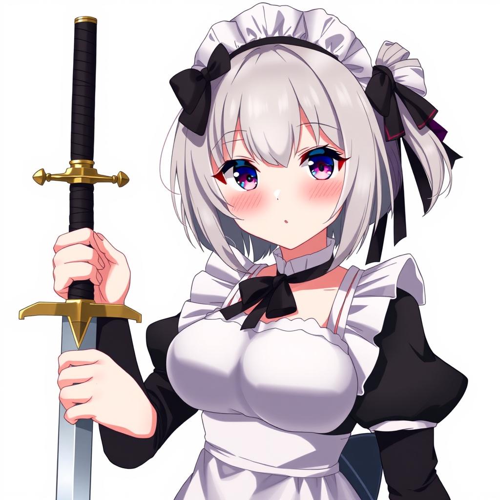 A young grey-haired maid with a Sirius/Azur Lane-style black ribbon, embodying a protective and sweet yandere demeanor as a bodyguard