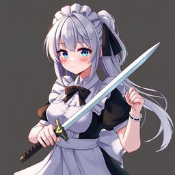 A young grey-haired maid with a Sirius/Azur Lane-style black ribbon, embodying a protective and sweet yandere demeanor as a bodyguard