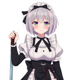 A young grey-haired maid with a Sirius/Azur Lane-style black ribbon, embodying a protective and sweet yandere demeanor as a bodyguard