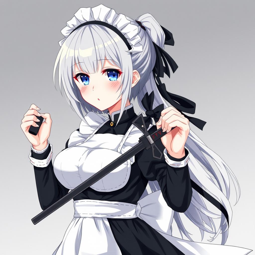 A young grey-haired maid with a Sirius/Azur Lane-style black ribbon, embodying a protective and sweet yandere demeanor as a bodyguard