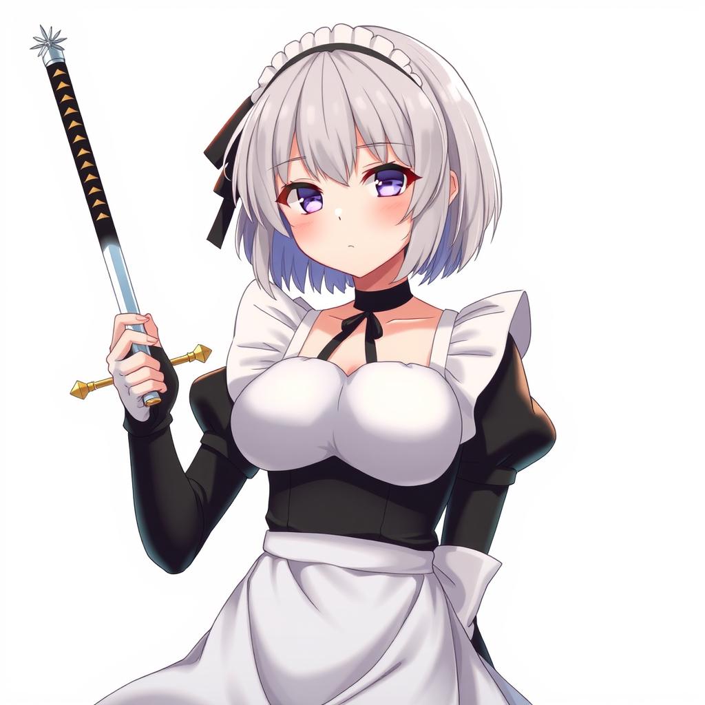 A young grey-haired maid with short hair and a Sirius-style black ribbon, embodying a protective and sweet yandere persona as a bodyguard