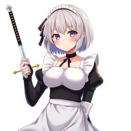 A young grey-haired maid with short hair and a Sirius-style black ribbon, embodying a protective and sweet yandere persona as a bodyguard