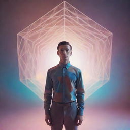 A human being as perceived in the 4th dimension, overlaid with a complex array of geometric shapes, suspended in an abstract environment filled with soft lights and surreal colors.