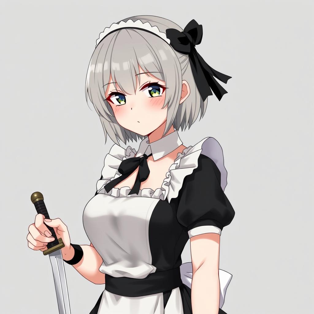 A young grey-haired maid with short hair and a Sirius-style black ribbon, embodying a protective and sweet yandere persona as a bodyguard