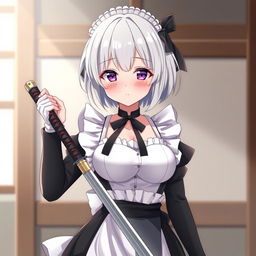 A young grey-haired maid with short hair and a Sirius-style black ribbon, embodying a protective and sweet yandere persona as a bodyguard