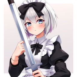 A young grey-haired maid with short hair and a Sirius-style black ribbon, embodying a protective and sweet yandere persona as a bodyguard