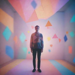 A human being as perceived in the 4th dimension, overlaid with a complex array of geometric shapes, suspended in an abstract environment filled with soft lights and surreal colors.