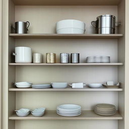 A beautifully designed crockery unit showcasing shiny plates, bowls, and glasses, all neatly arranged on polished, wooden shelves.