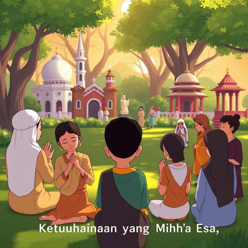 An animated scene depicting the application of the first principle of Pancasila "Ketuhanan yang Maha Esa"