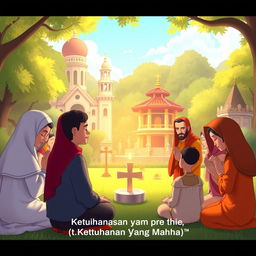 An animated scene depicting the application of the first principle of Pancasila "Ketuhanan yang Maha Esa"