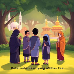 An animated scene depicting the application of the first principle of Pancasila "Ketuhanan yang Maha Esa"