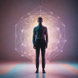 A human being as perceived in the 4th dimension, overlaid with a complex array of geometric shapes, suspended in an abstract environment filled with soft lights and surreal colors.