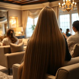 A scene featuring a mother with extremely long, silky, and smooth hair cascading down