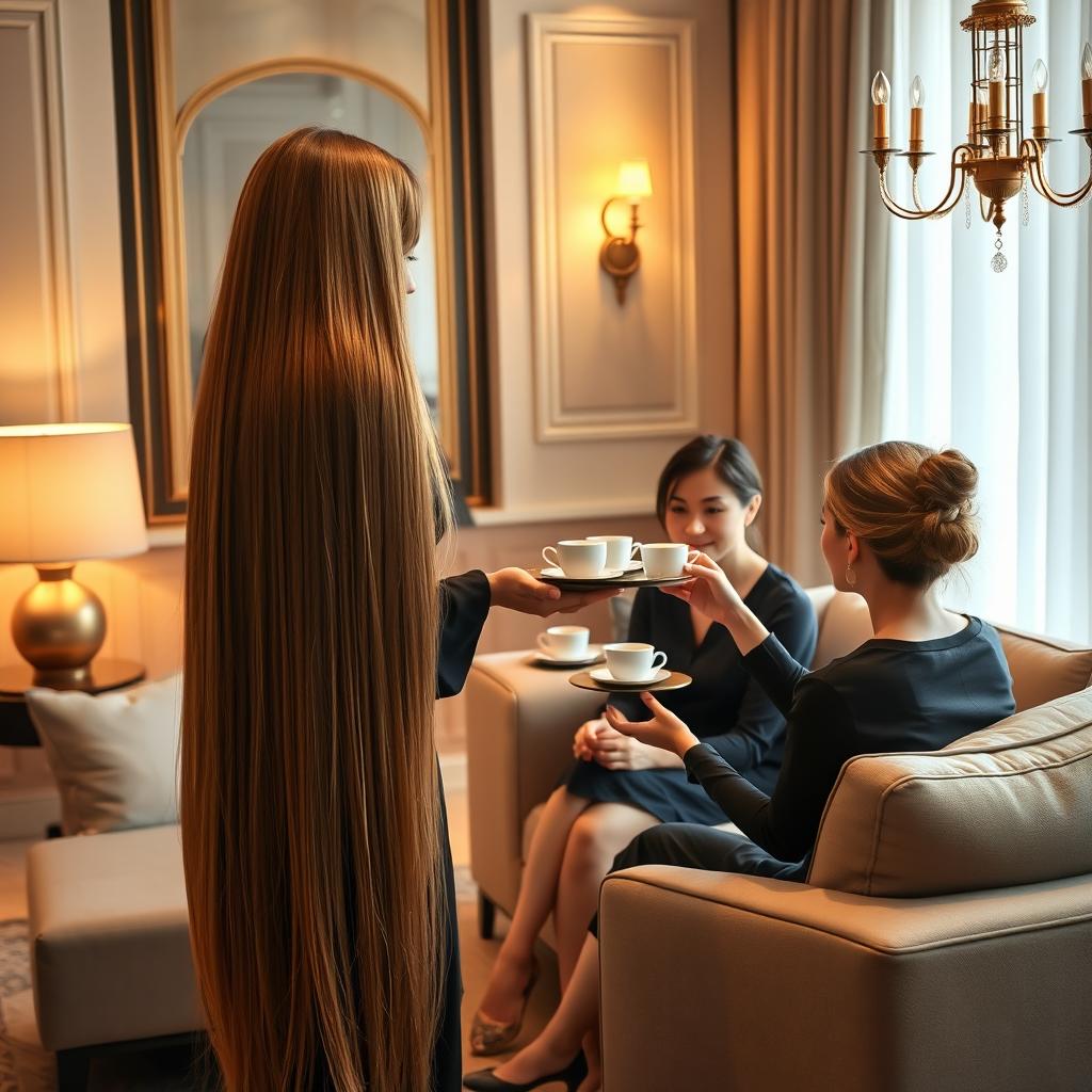 A scene depicting a mother with extremely long, silky, and smooth hair cascading down as she serves coffee to her guests