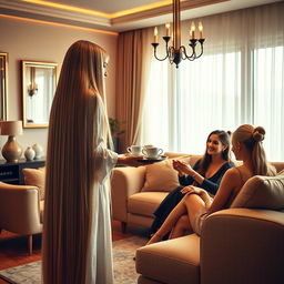 A scene depicting a mother with extremely long, silky, and smooth hair cascading down as she serves coffee to her guests