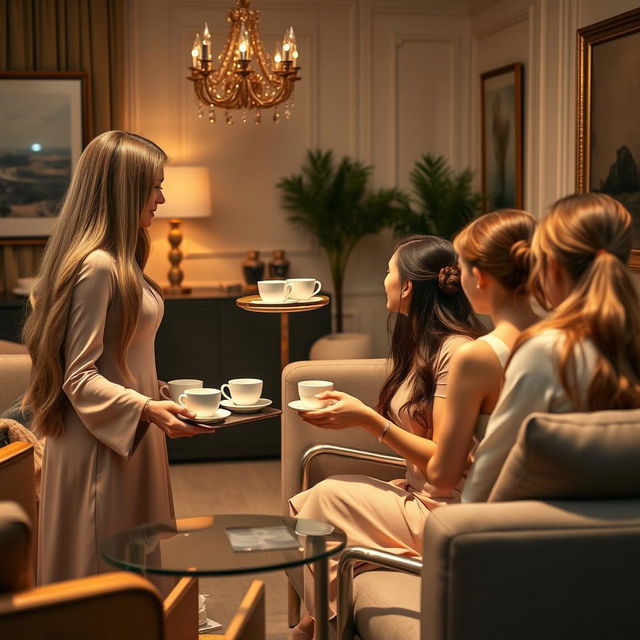 A scene depicting a mother with extremely long, silky, and smooth hair cascading down as she serves coffee to her guests