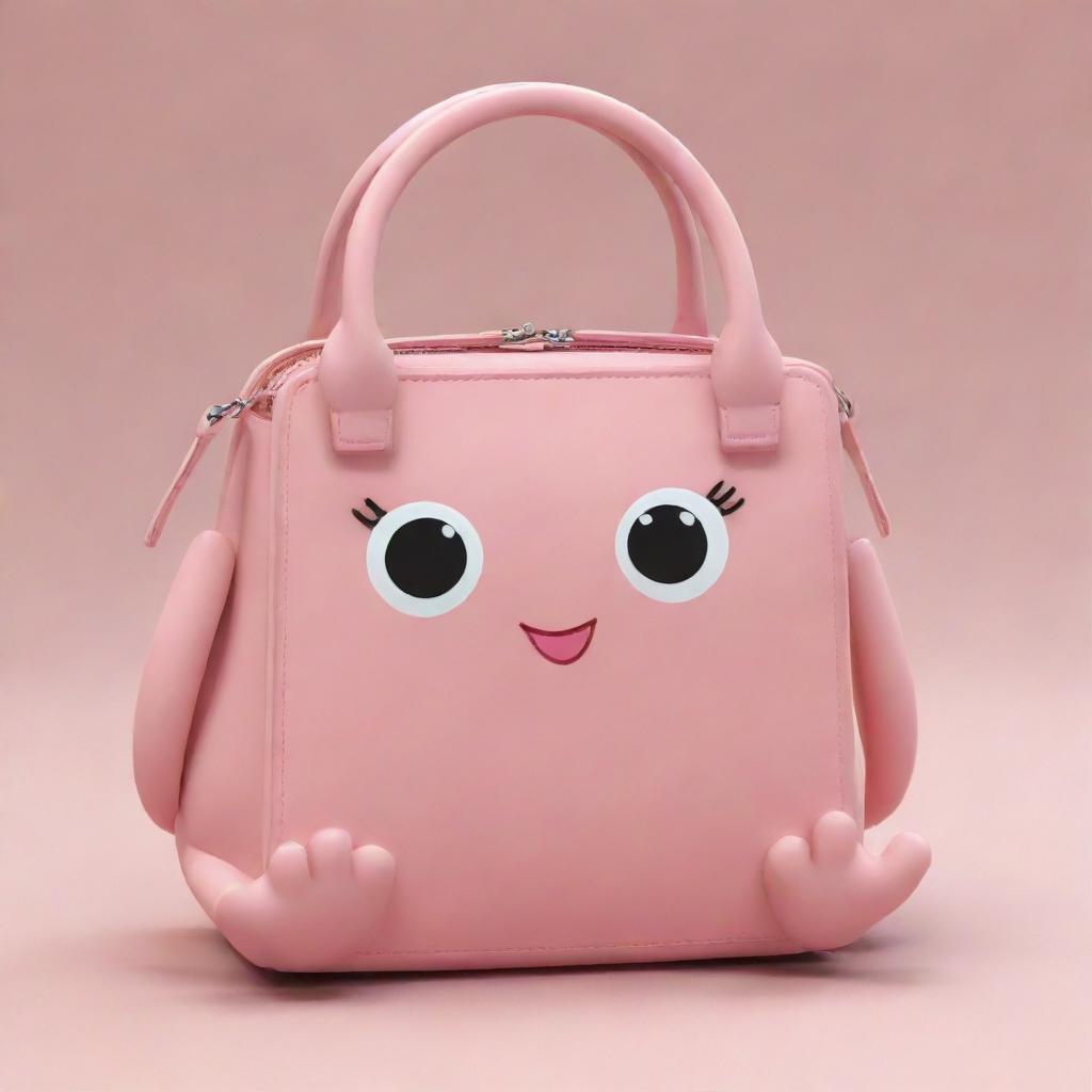 Generate an image of an extremely cute handbag character, enriched with multiple cartoon-like hands and feet, creating an even more playful appearance.