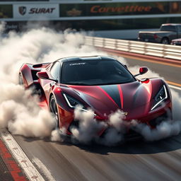 A futuristic fusion of a LaFerrari and Corvette C8 at a drag strip, captured in an exhilarating burnout