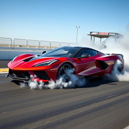 A futuristic fusion of a LaFerrari and Corvette C8 at a drag strip, captured in an exhilarating burnout