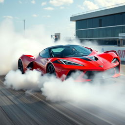 A futuristic fusion of a LaFerrari and Corvette C8 at a drag strip, captured in an exhilarating burnout