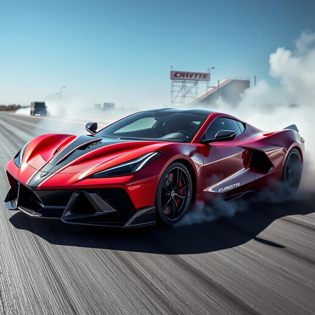 A futuristic fusion of a LaFerrari and Corvette C8 at a drag strip, captured in an exhilarating burnout