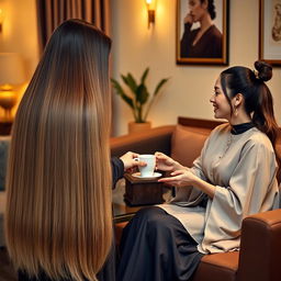 A modestly dressed mother with extremely long, silky, and smooth hair cascading down, elegantly serving coffee to her guests