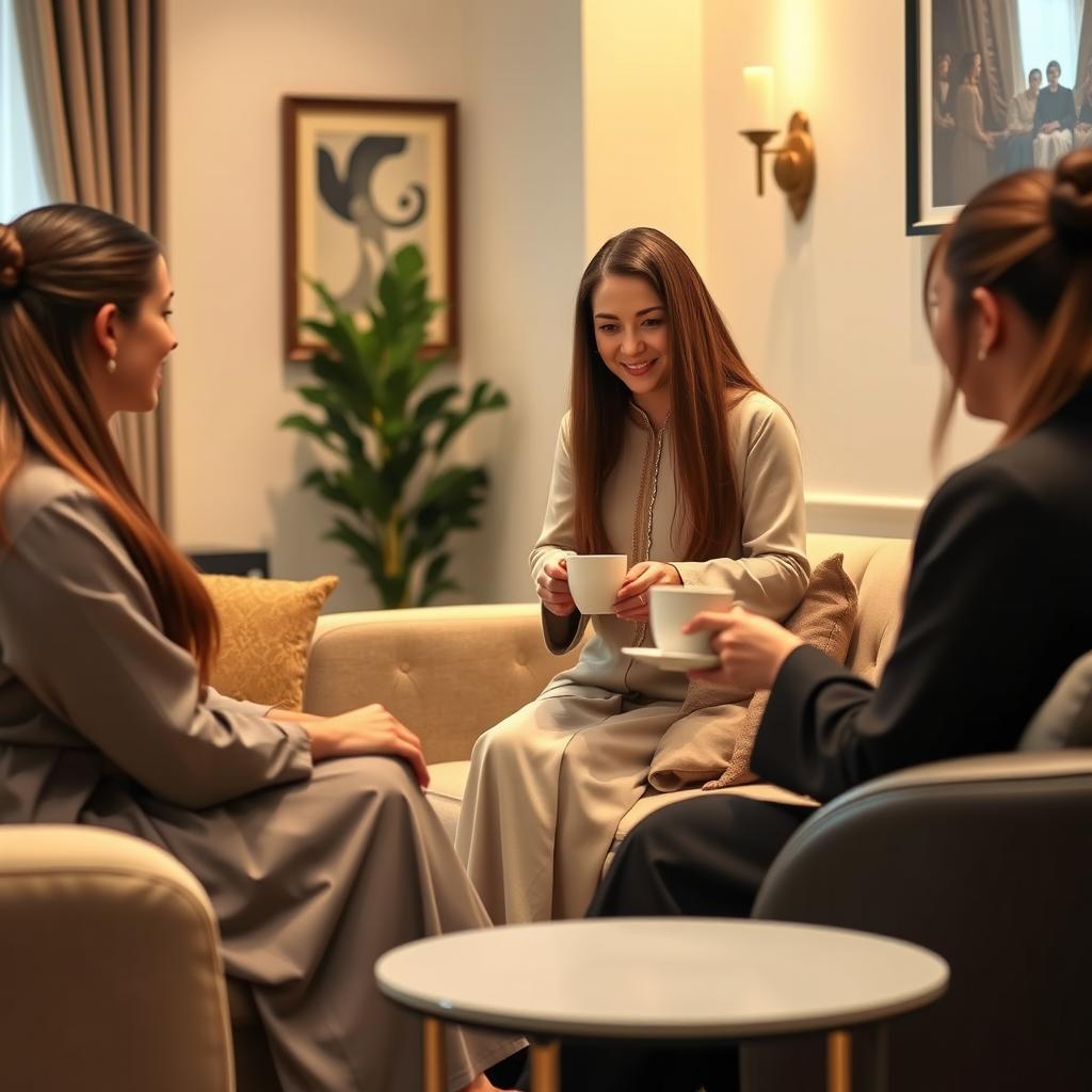 A modestly dressed mother with extremely long, silky, and smooth hair cascading down, elegantly serving coffee to her guests