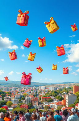 A whimsical scene depicting colorful packages gently falling from a clear blue sky, each adorned with bright ribbons and bows