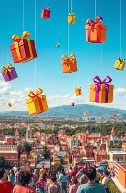 A whimsical scene depicting colorful packages gently falling from a clear blue sky, each adorned with bright ribbons and bows