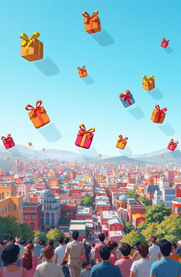 A whimsical scene depicting colorful packages gently falling from a clear blue sky, each adorned with bright ribbons and bows