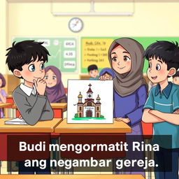 A classroom scene featuring diverse characters, with a focus on mutual respect among friends of different religions