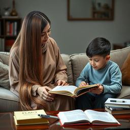 A modestly dressed mother with extremely long, silky, and smooth hair cascading down, sitting on a sofa