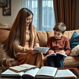 A modestly dressed mother with extremely long, silky, and smooth hair cascading down, sitting on a sofa