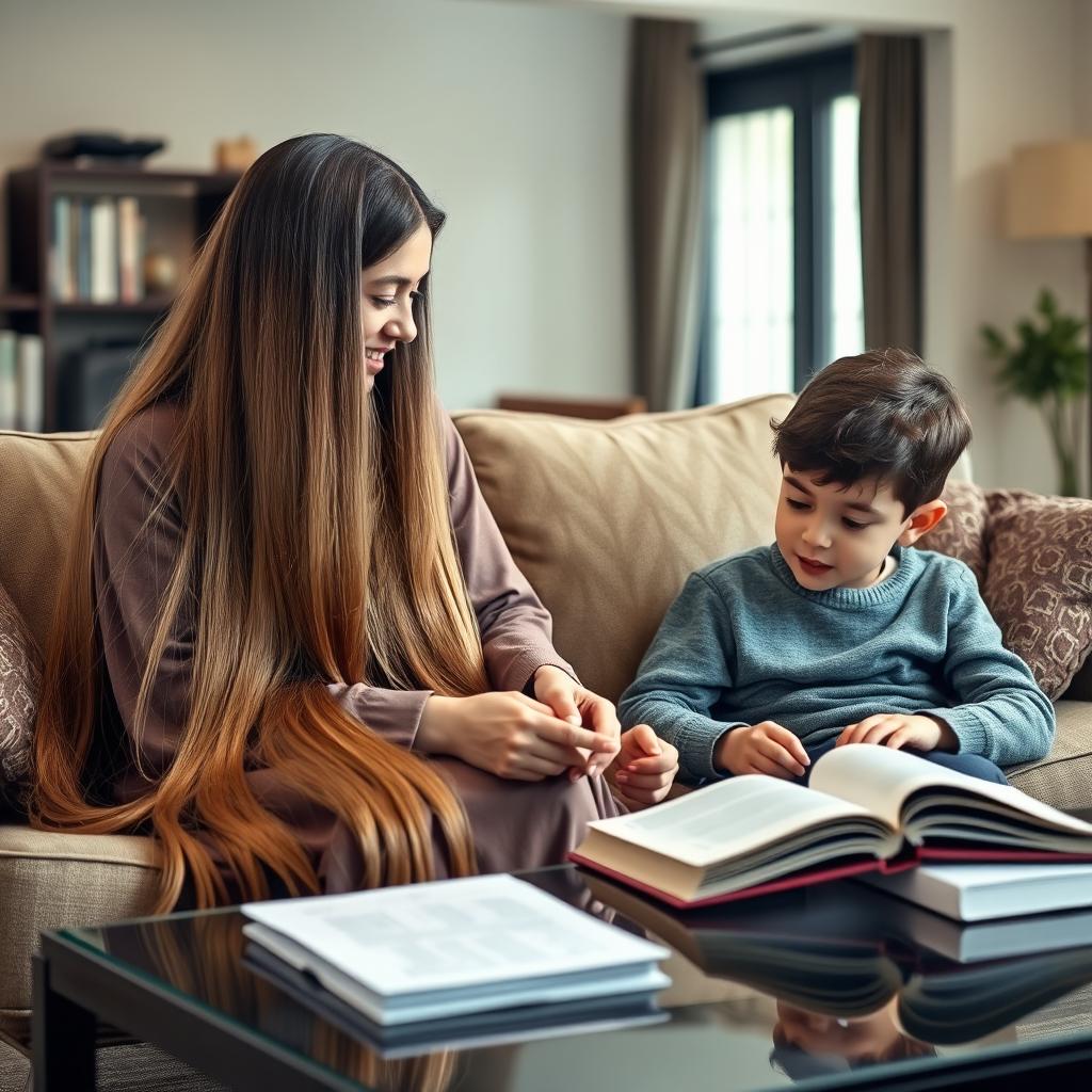 A modestly dressed mother with extremely long, silky, and smooth hair cascading down, sitting on a sofa