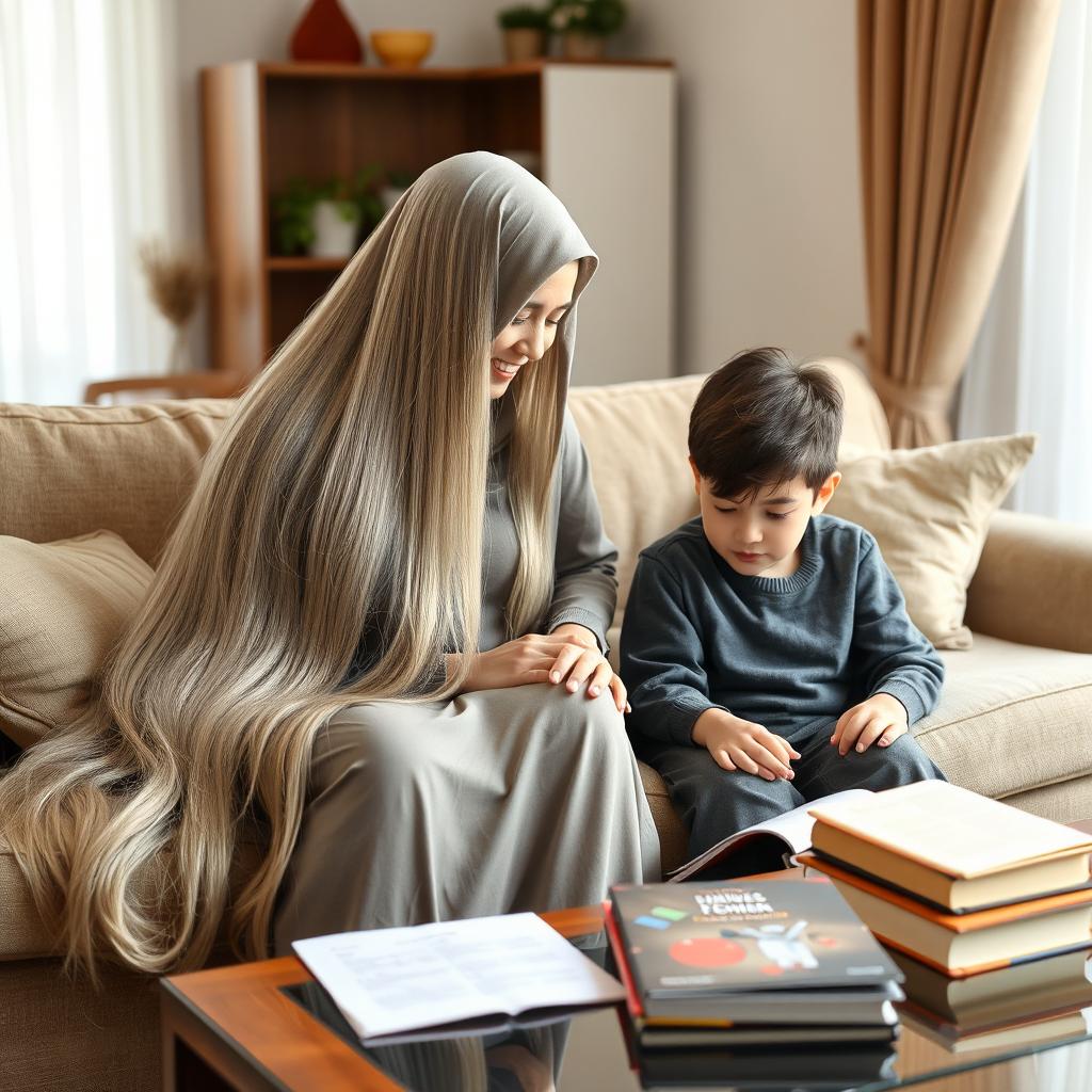 A modestly dressed mother with extremely long, silky, and smooth hair cascading down, sitting on a sofa