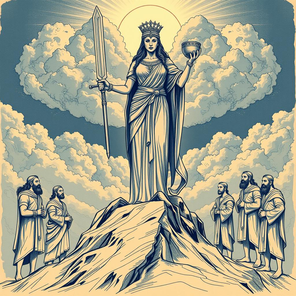 An imposing scene featuring an ancient female goddess standing majestically atop a grand mountain