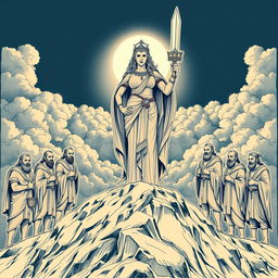 An imposing scene featuring an ancient female goddess standing majestically atop a grand mountain