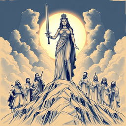 An imposing scene featuring an ancient female goddess standing majestically atop a grand mountain