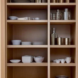 A beautifully designed crockery unit showcasing shiny plates, bowls, and glasses, all neatly arranged on polished, wooden shelves.