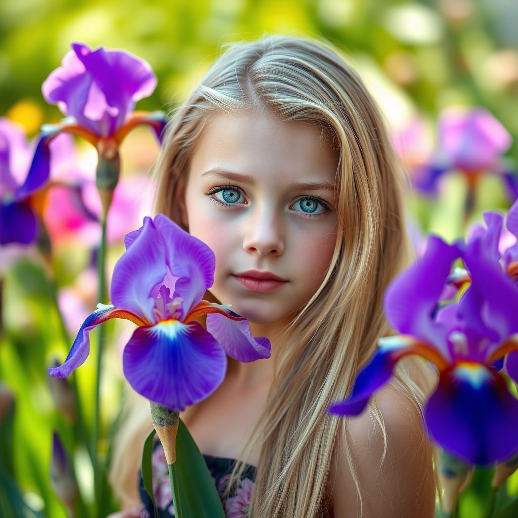 A beautiful blonde girl with striking green eyes, standing gracefully surrounded by lush blooming irises