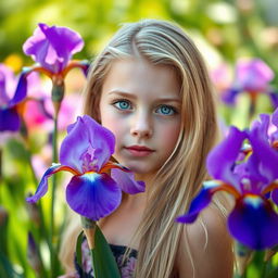 A beautiful blonde girl with striking green eyes, standing gracefully surrounded by lush blooming irises