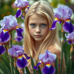 A beautiful blonde girl with striking green eyes, standing gracefully surrounded by lush blooming irises