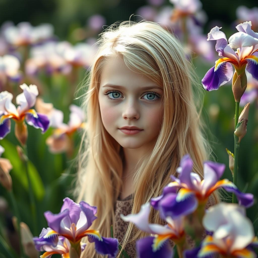 A beautiful blonde girl with striking green eyes, standing gracefully surrounded by lush blooming irises